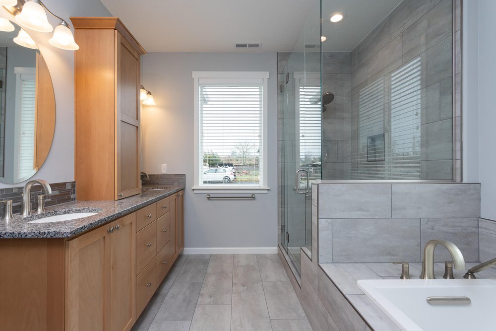 modern grey master bathroom with glass shower albany oregon