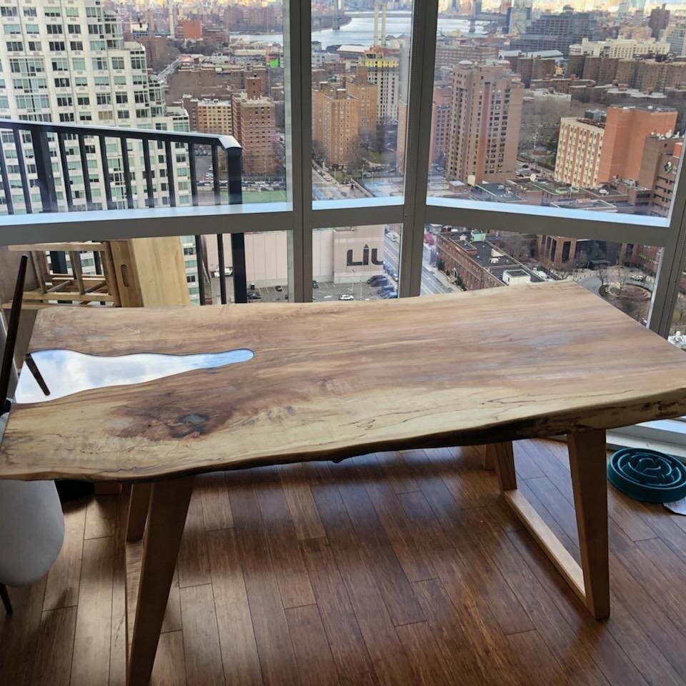 Live Edge Hard Maple slab table with glass inlay and tapered legs.