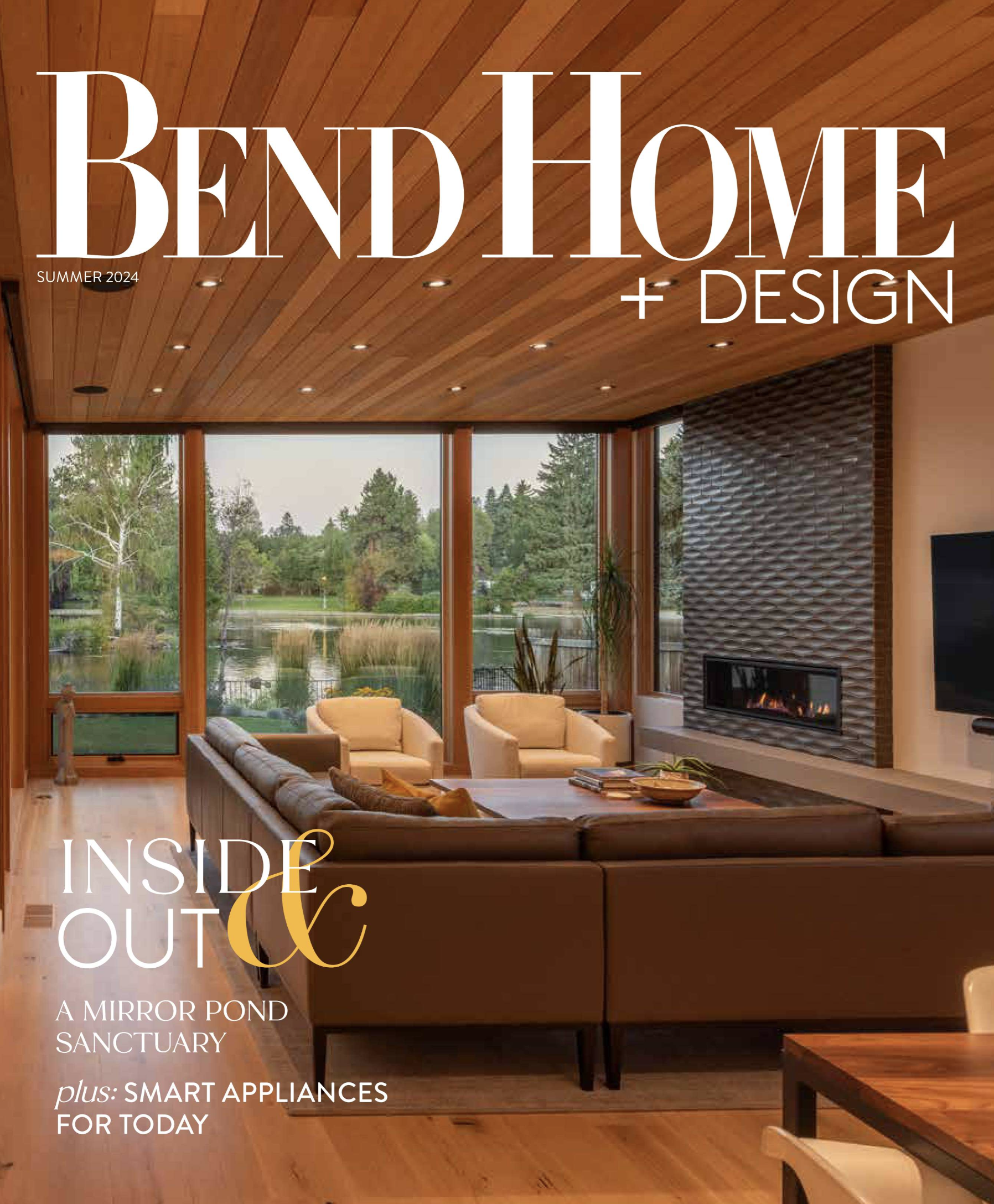 Open living room with wood ceiling and Deschutes River views in Bend Oregon custom home