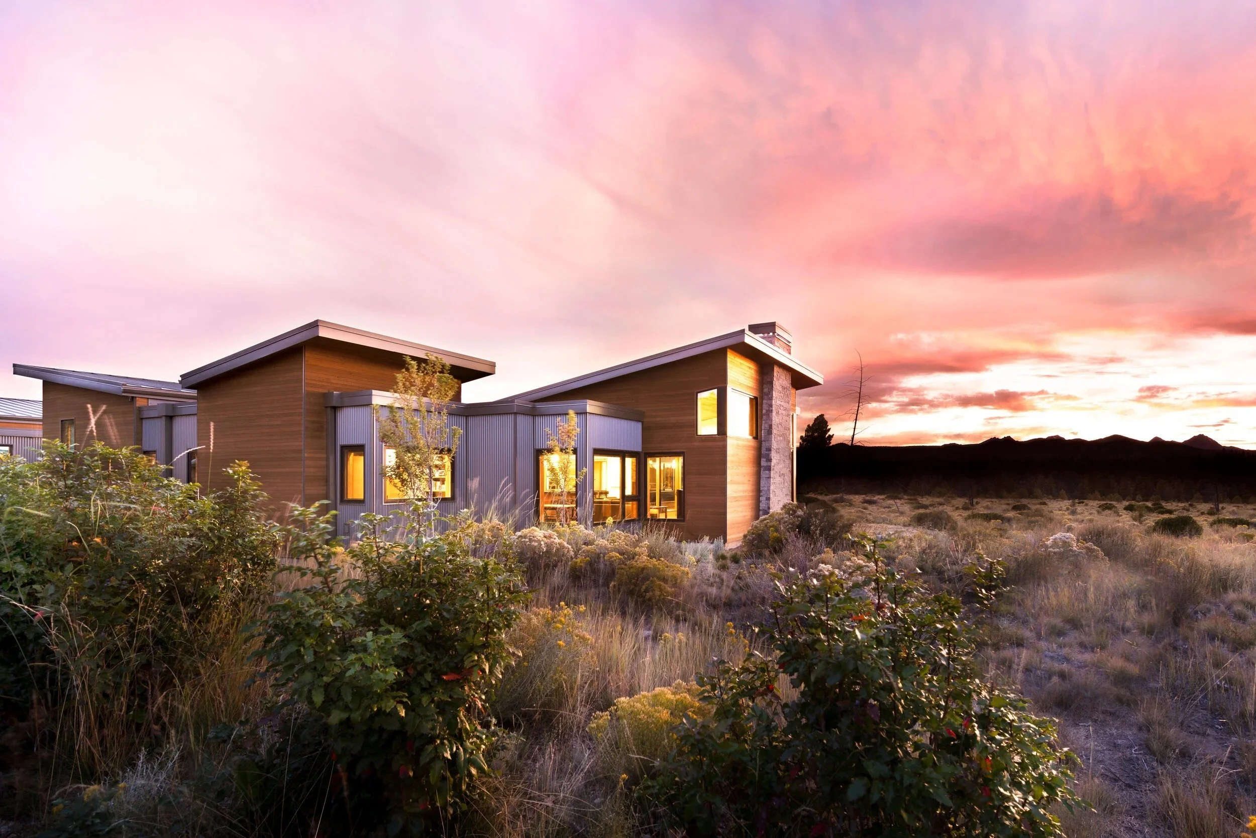 Pointed View custom home at sunset near Shevlin Park in Bend, Oregon