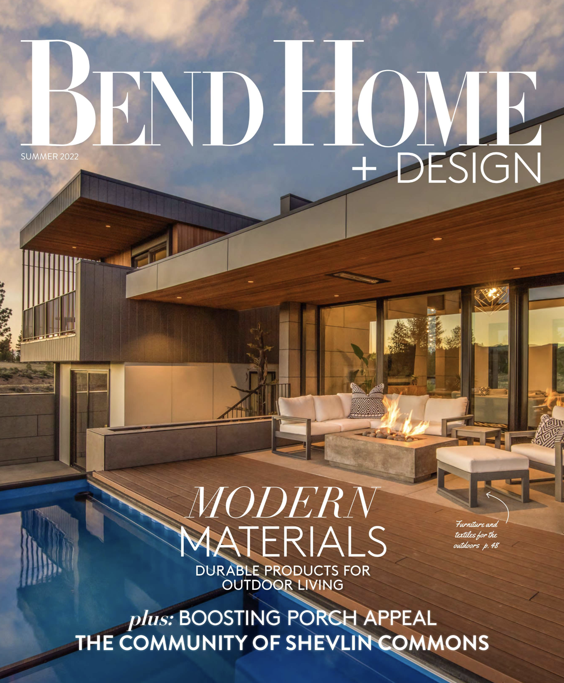 Modern custom home with pool and outdoor living space at dusk in Bend Oregon