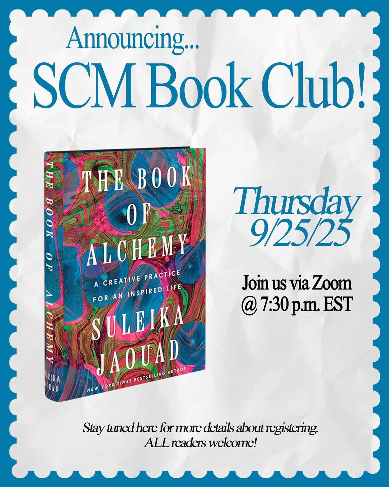 As we remember Sandra on her birthday today, we are excited to announce a new virtual Sandra Carpenter Memorial Book Club Event. Join us to discuss THE BOOK OF ALCHEMY: A CREATIVE PRACTICE FOR AN INSPIRED LIFE by @suleikajaouad ~ a collection of wisd