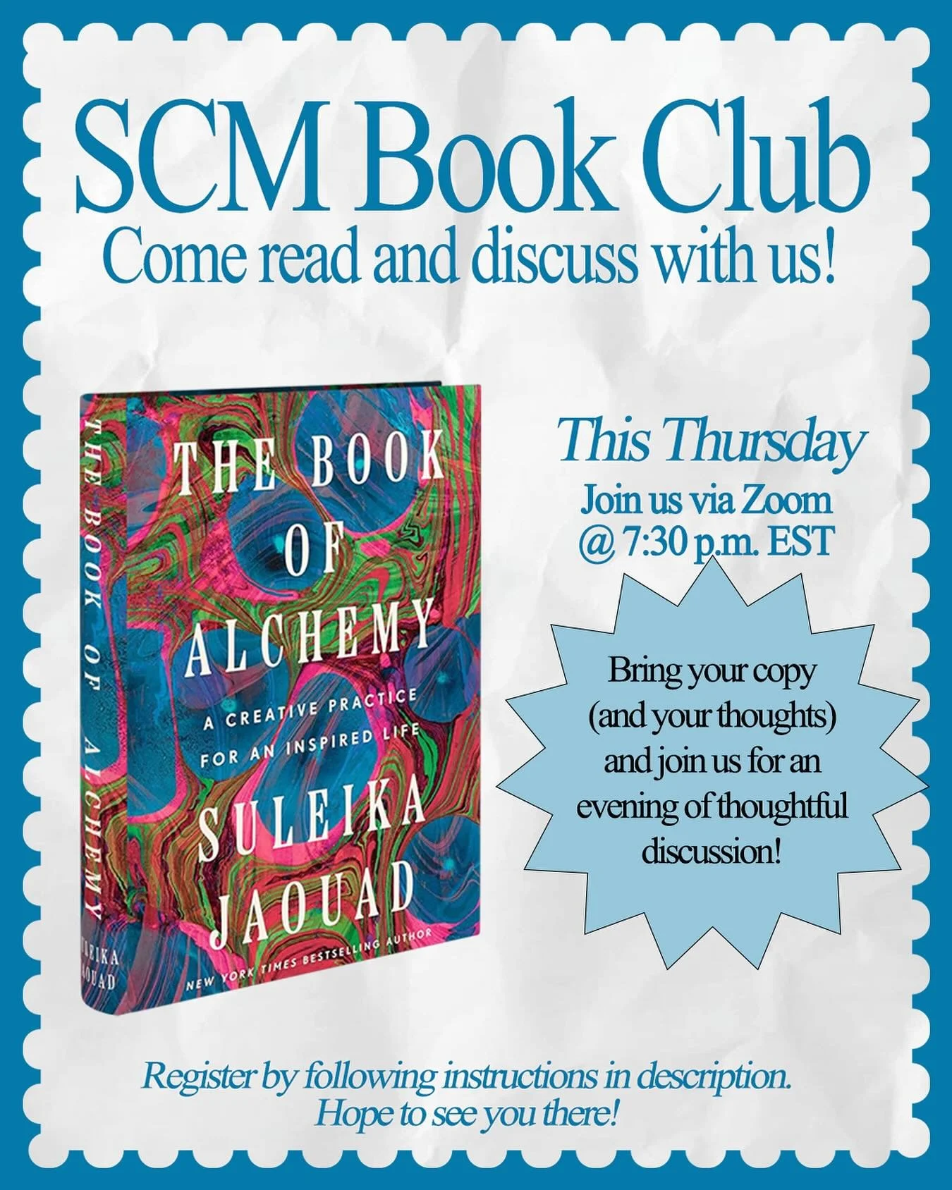 There&rsquo;s still time!⏰

JOIN US THIS THURSDAY SEPTEMBER 25 as we gather via ZOOM to discuss The Book of Alchemy: A Creative Practice for an Inspired Life&nbsp;by Suleika Jaouad.&nbsp; The book features 100 contributors and their insights on how j