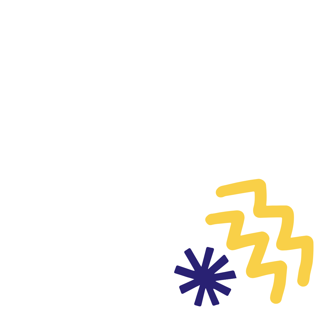 Stylized black cat with yellow tail and paws, placed above yellow zigzag lines and a purple starburst.