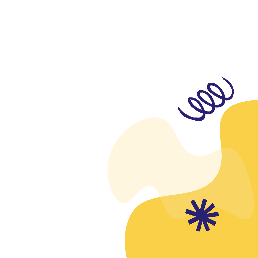 Abstract design with black background, yellow shapes, blue squiggly line, and star-like symbol.
