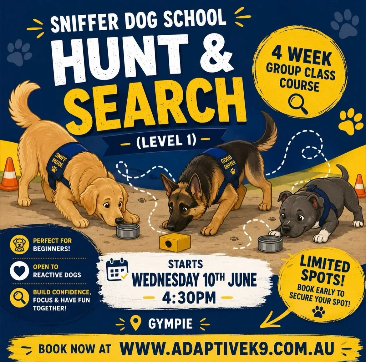 🐶 𝗦𝗻𝗶𝗳𝗳𝗲𝗿 𝗗𝗼𝗴 𝗦𝗰𝗵𝗼𝗼𝗹 - Booking now 

Looking for something new to do with your dog? 

Teach your dog to use their nose 
Provide outlet for dogs of all ages 
Suitable for reactive dogs (training 1 at a time) 

Next class starts on Jun