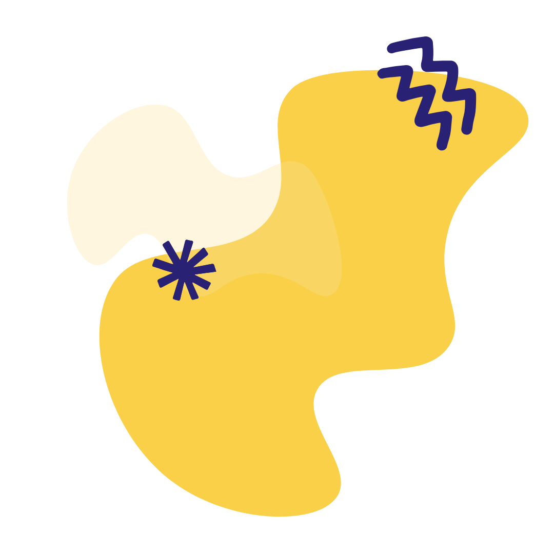 Abstract illustration of a yellow and beige shape with purple lines and a snowflake-like symbol.