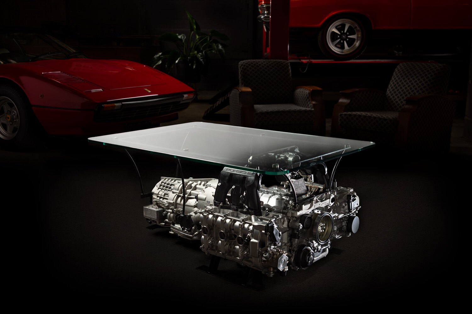Turbocharged Porsche 911 (991) engine and PDK transmission turned into a coffee table by Finch Restorations