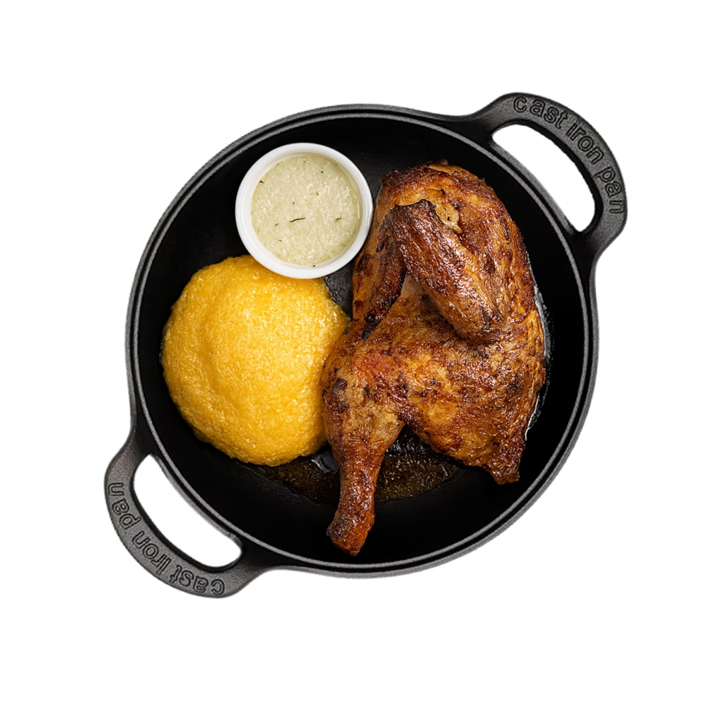 Pui la ceaun cu mămăligă și mujdei