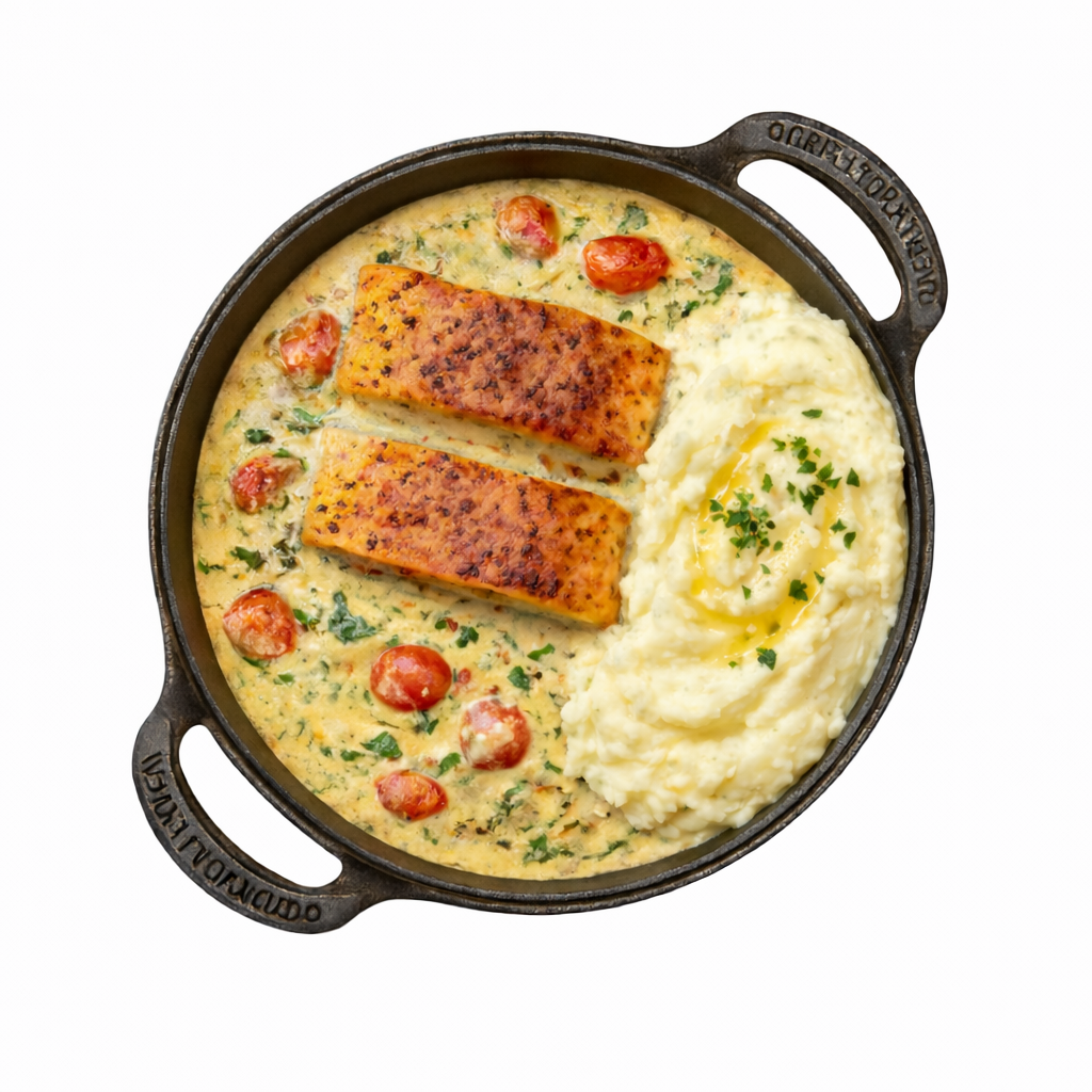 Somon cu piure și sos cremos