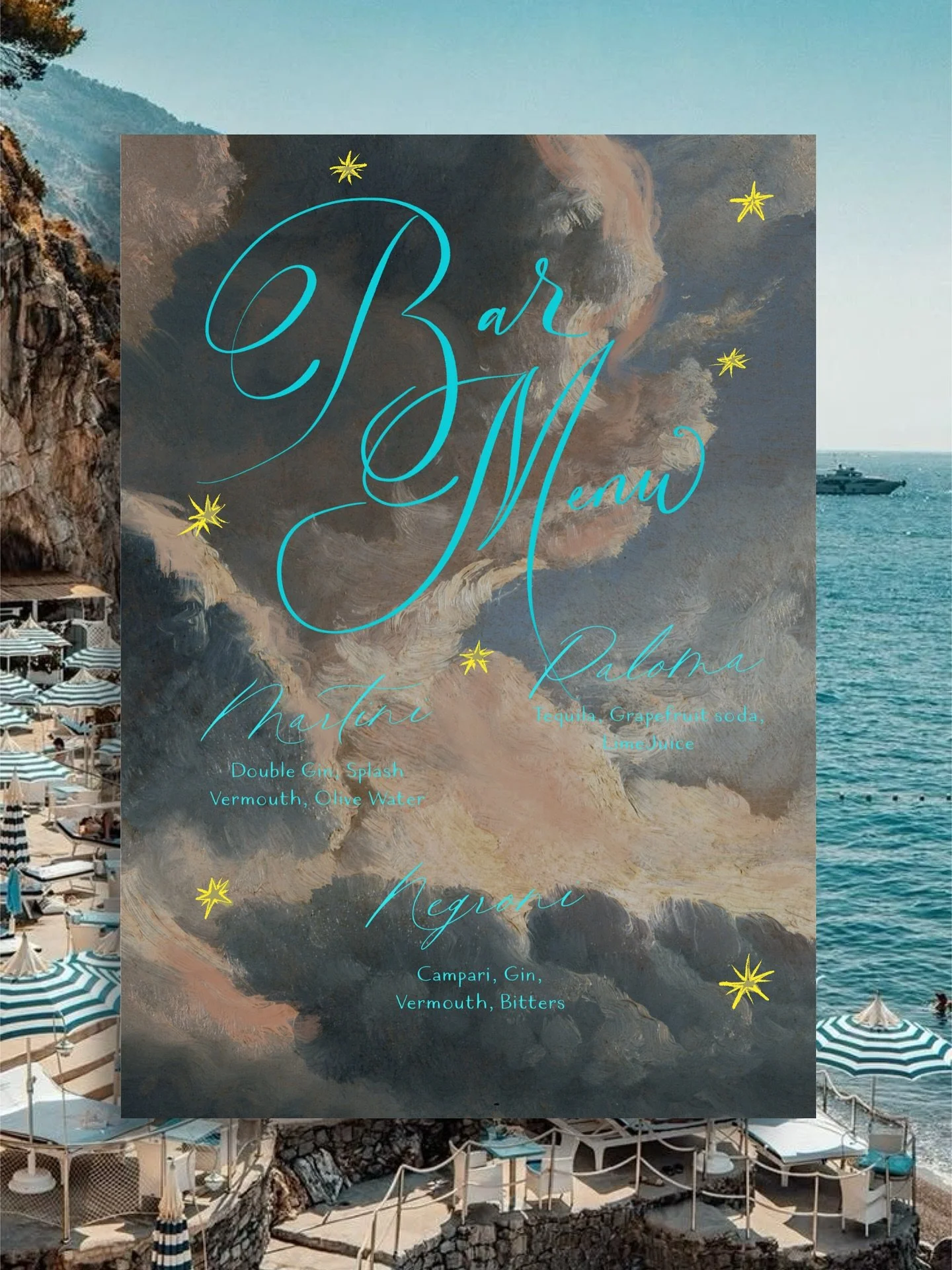 You, me &amp; Capri! 🌊 
Day of Bar Menu Design for an Italian wedding. Loved the clash of contemporary colours with traditional oils x