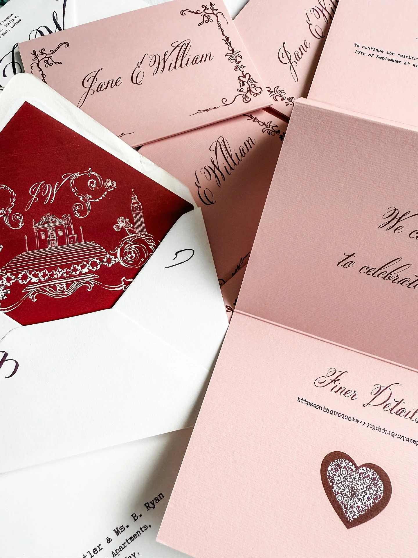 Jane &hearts;️ William , 
A symphony  of scarlet, rose and vanilla. 
Bespoke 4 page concertina invitations with custom liners and Envelope printing.