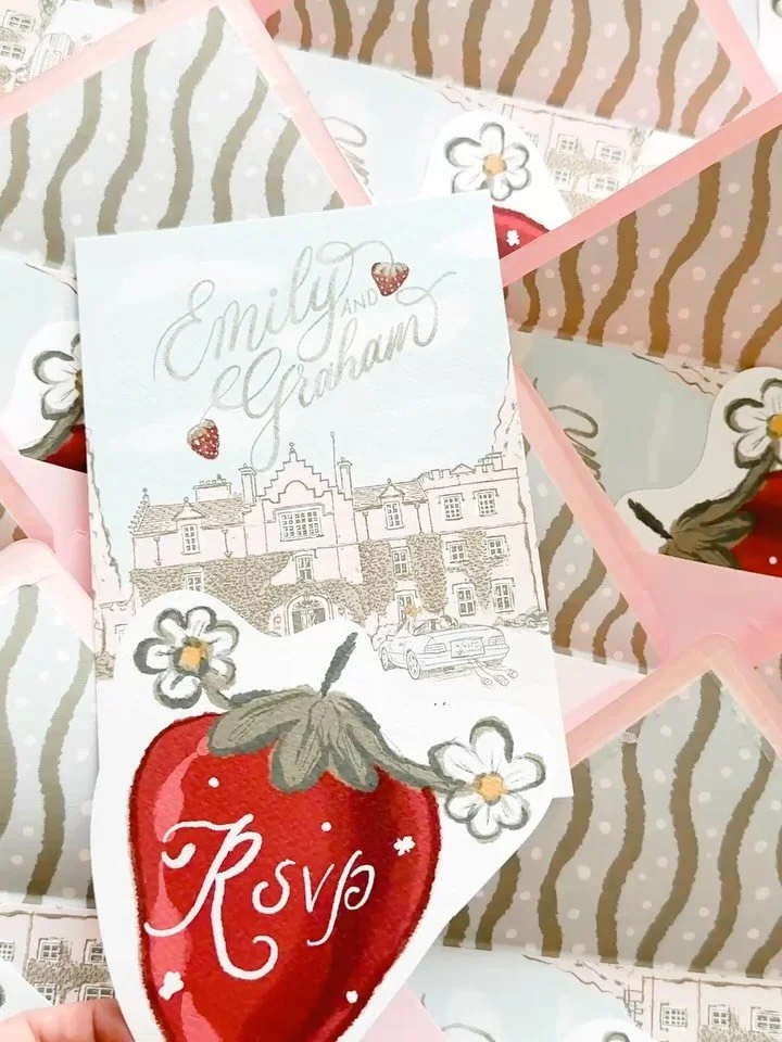 Some invitations ask for an RSVP.

This one practically insisted.

Emily &amp; Graham&rsquo;s suite, complete with oversized strawberry RSVP cards, bespoke illustrations and a few details too good to leave inside the envelope.

For @loveandgatherings
