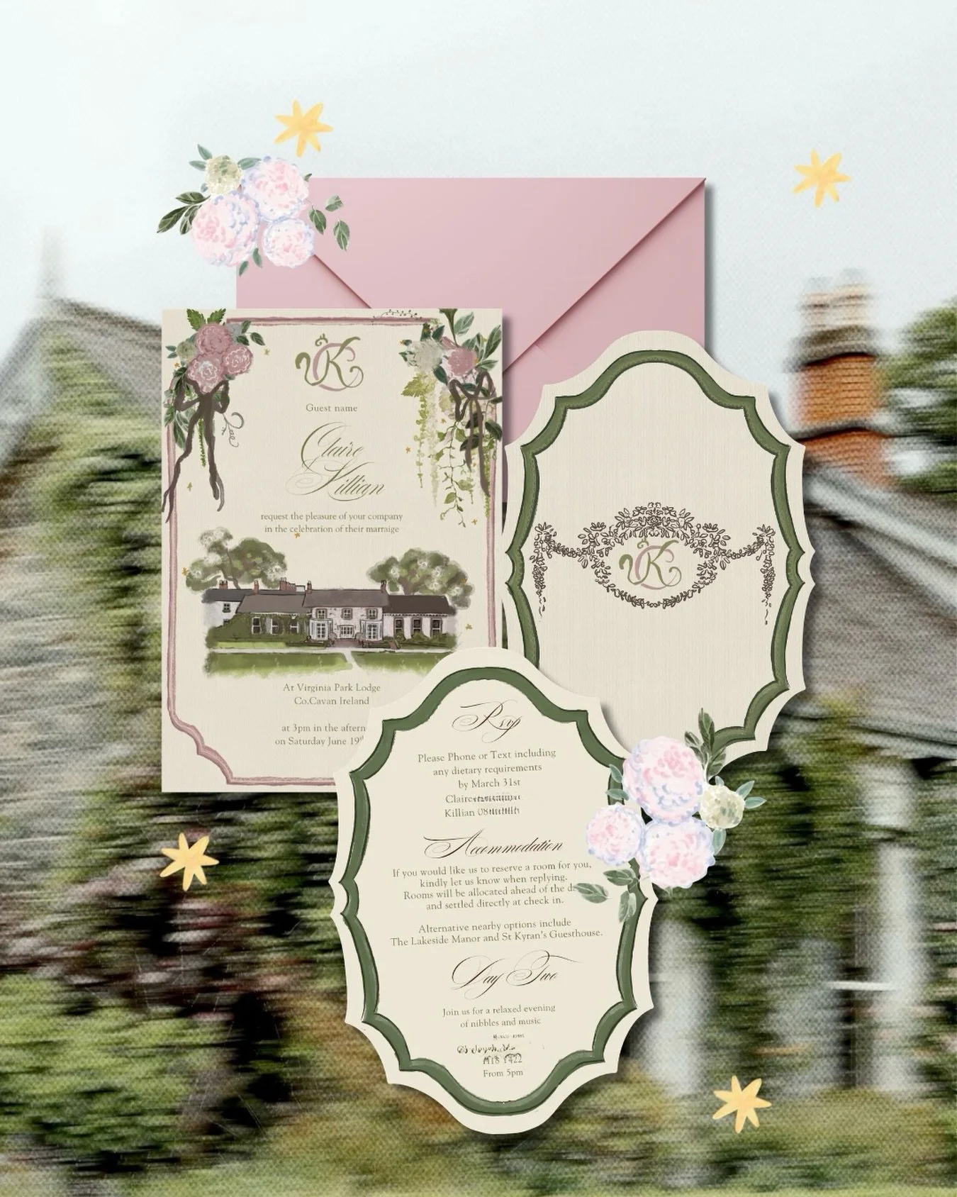 Claire &amp; Killian at @virginiaparklodge 🌿

A study in soft colour, painterly florals and the romance of an Irish country house.

Created for Claire &amp; Killian, with Virginia Park Lodge painted at the heart of their suite and layered with hydra