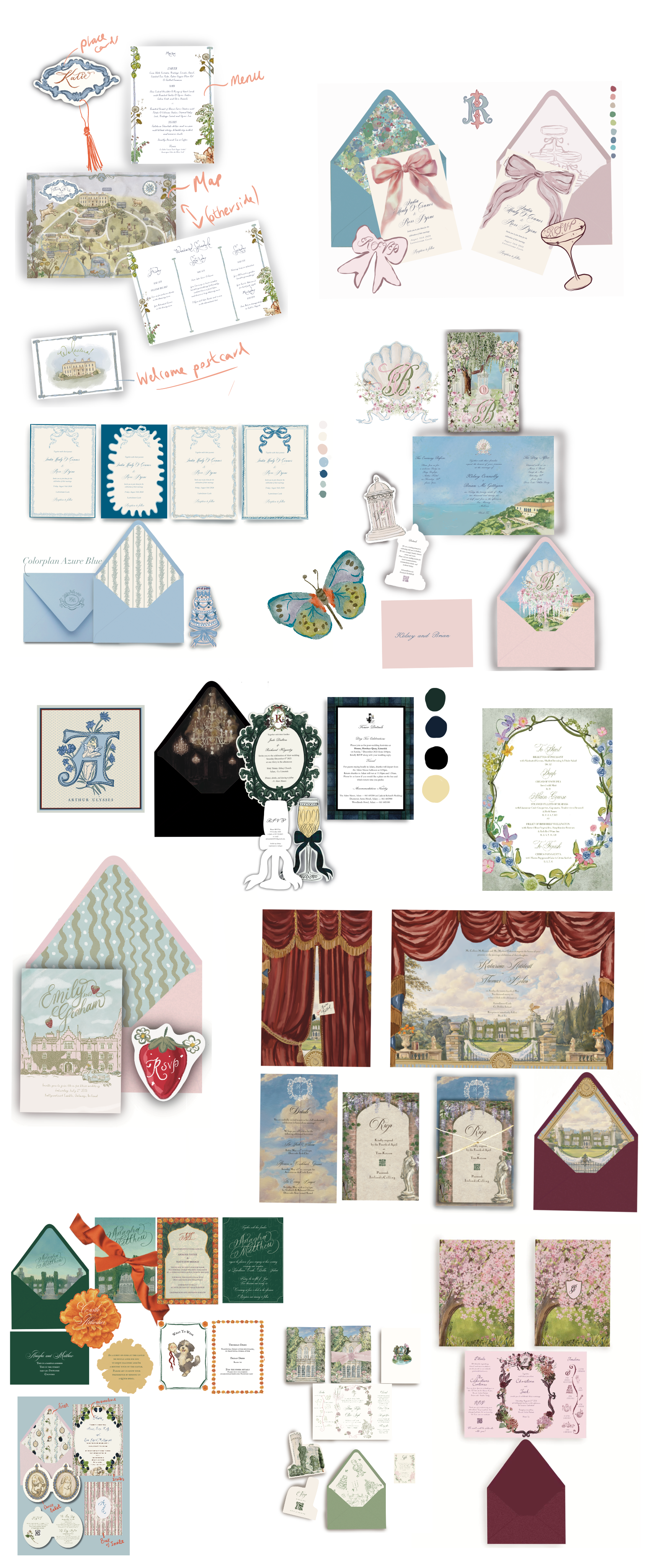 Collection of wedding invitations, RSVP cards, maps, menus, and decorative stationery in various styles and color schemes.