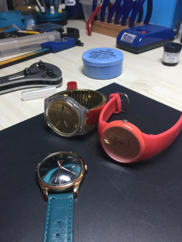 3 watches sent to us for batteries, polishing and a strap from Woking, Surrey.