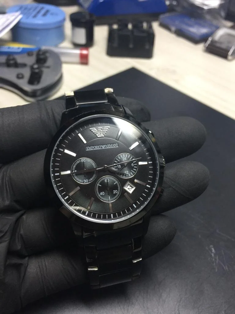 Armani watch AR2453 in for a new glass, battery and clean from Mindrum, Northumberland.