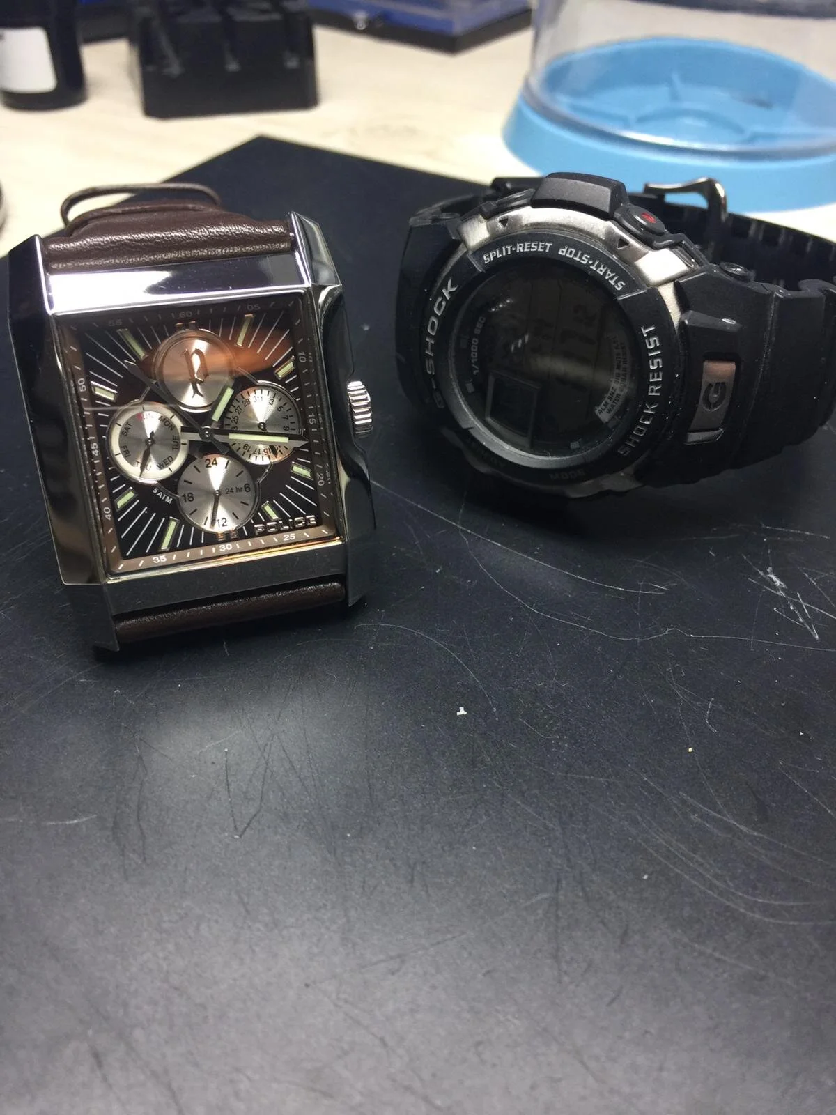 Casio watch G-7700 3095 and Police watch 11296M in for dial repair and batteries from Scone, Perth.