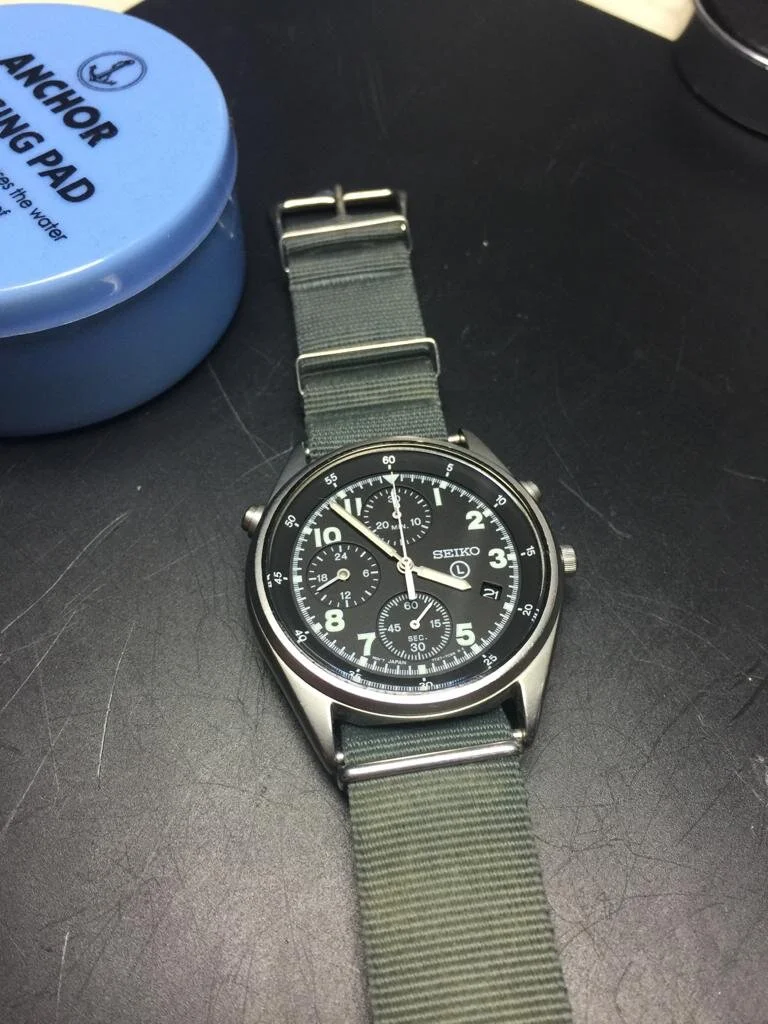 Seiko watch 7T27 7A20 in for battery replacement, clean and glass fitting from Erskine, Glasgow.