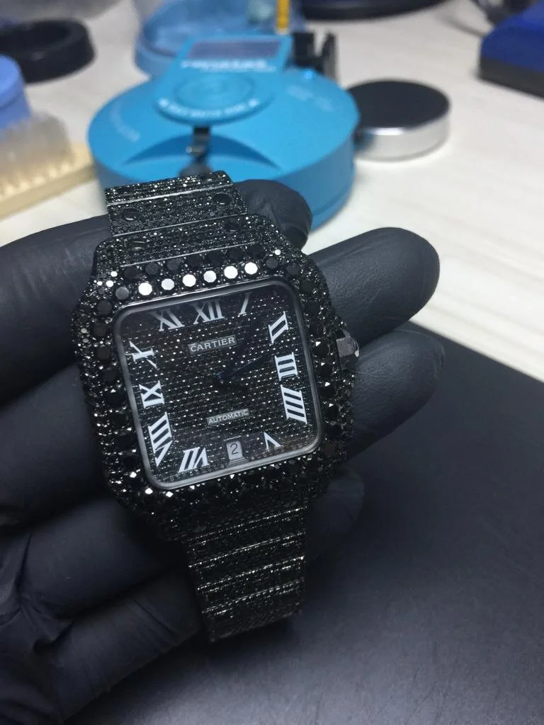 Customised Cartier Santos 2507707AX in to have the crown and stem removed for positive vapour deposition (PVD) plating.