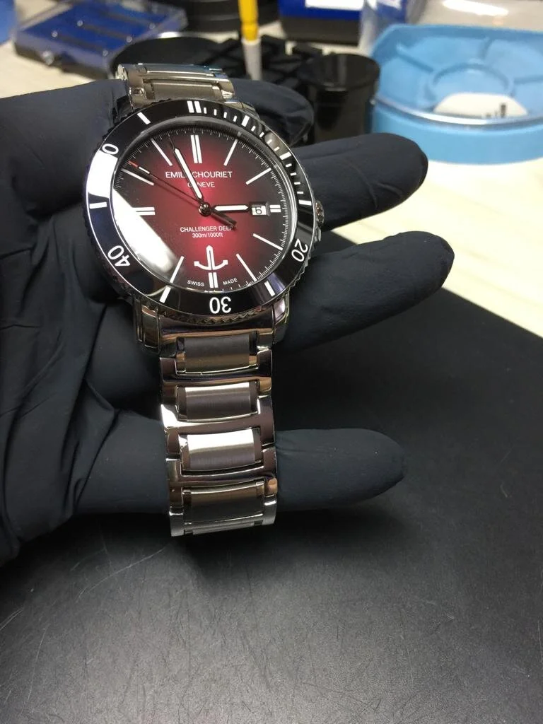 Emile Chouriet watch S202A9003 08.1169.G in for bracelet link adjustment from Nottingham.