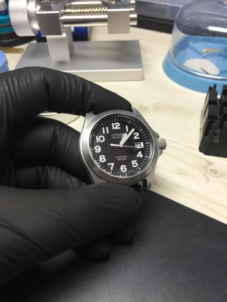 Citzen Eco Drive, Moncoque case B872 H23249 TA in for capacitor, seals and a clean from Doune, Stirling. 