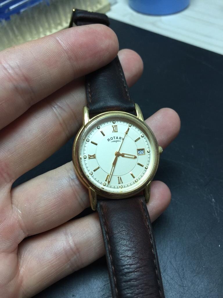 Rotary watch 10894 PO 002403 in for Service, Glass, Attach markers and case back reshape from Strathblane, Glasgow.