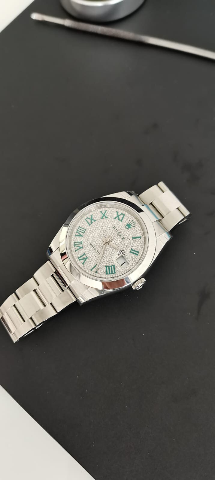 Rolex watch with custom dial white gold oyster bracelet.jpeg