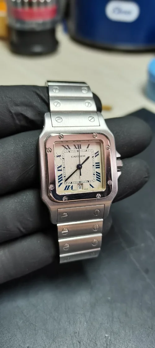 Cartier Santos watch 1564 CC593825 repair in for battery resealing and refurbishment from Hildenborough Kent. Watches Fixed Watch Repairs Latest Watch News Watch Hub