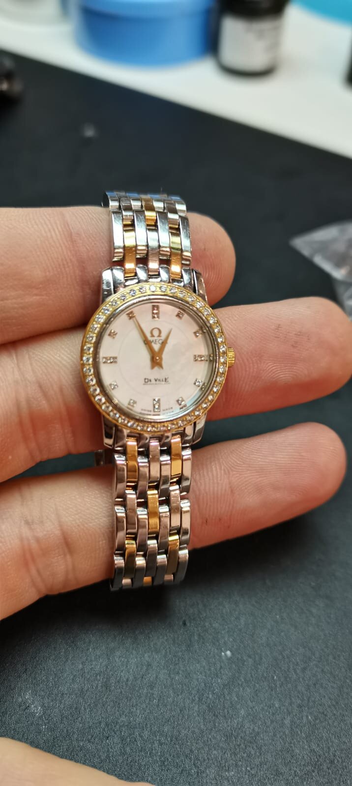 Omega DeVille watch bi metal diamond and mother of pearl in for battrey and resealing 90316686 1456.jpeg