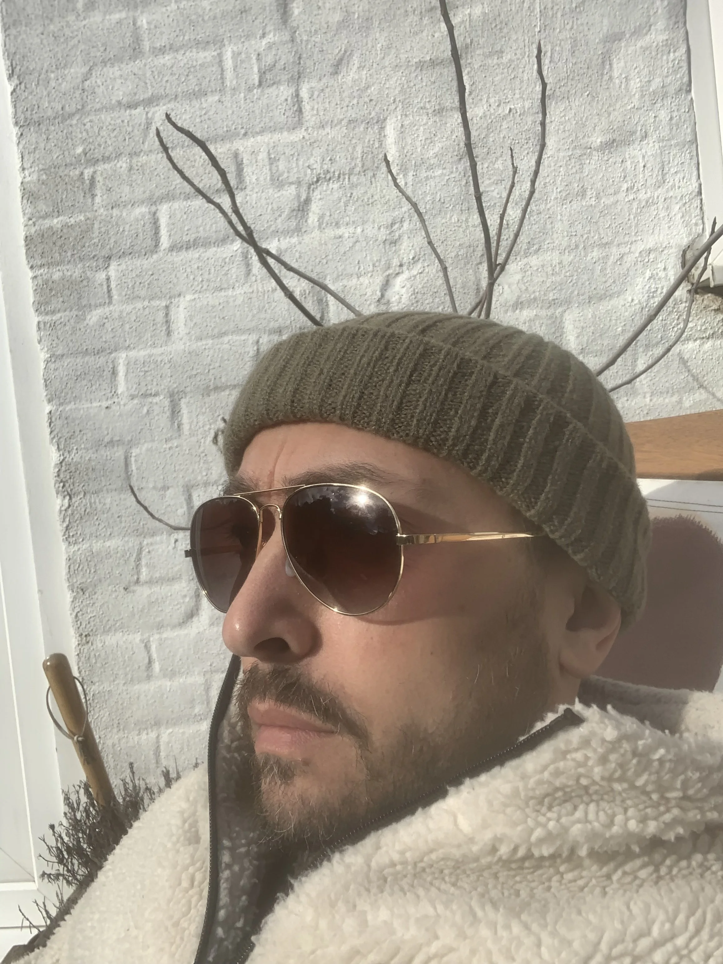 A man wearing sunglasses, a beanie, and a fleece jacket, sitting indoors with a white brick wall and decorative branches behind him.