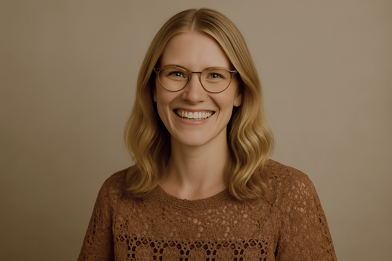 Lächelnde Frau mit Brille und lockigem, blondem Haar vor neutralem Hintergrund.