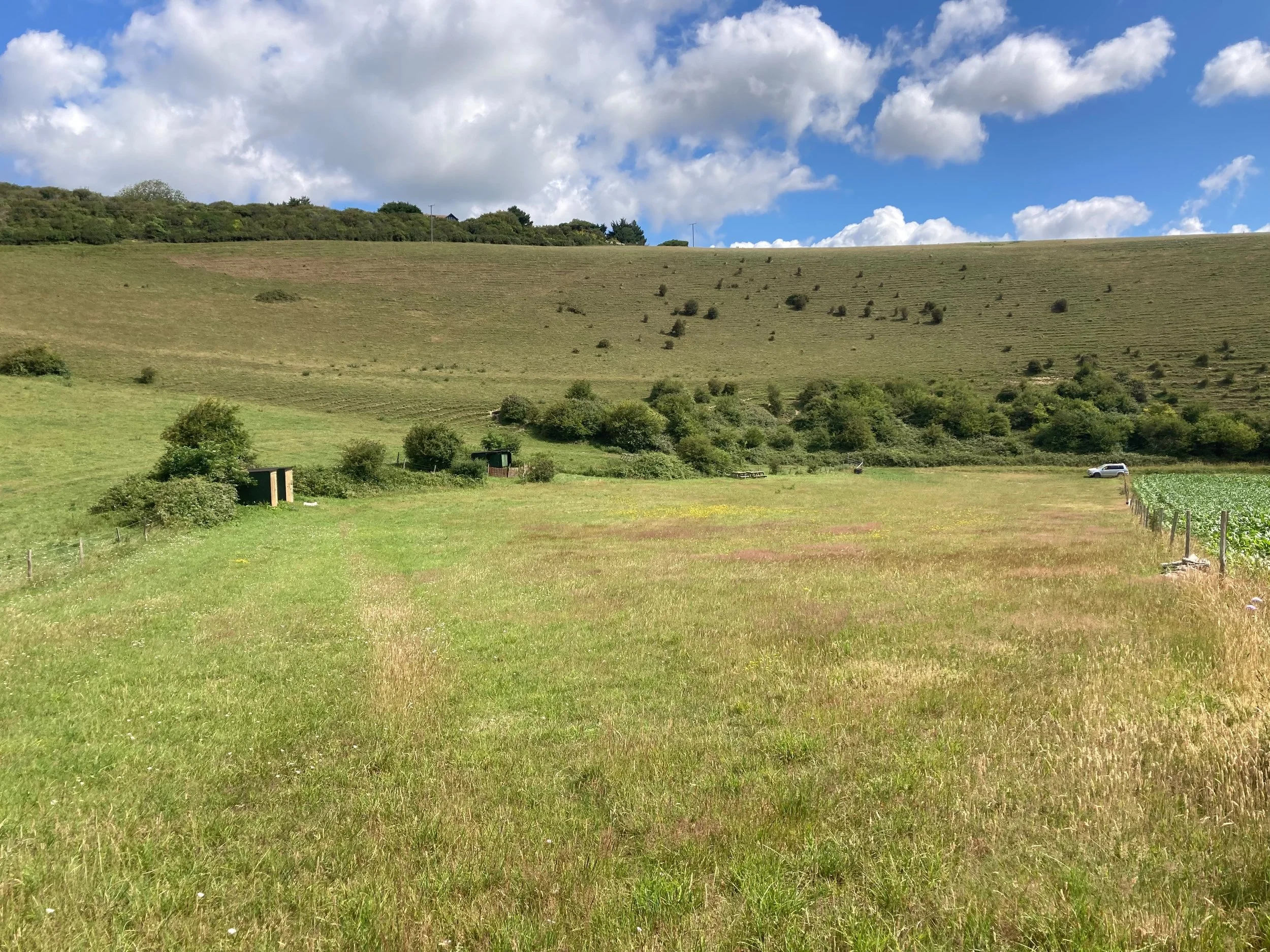 The view of the campsite with the South Downs Way going over the top of the hill at the back