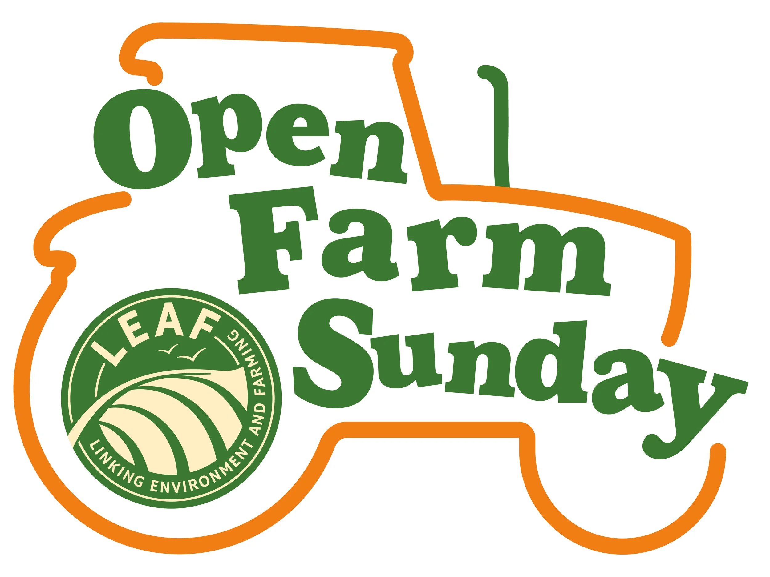 Close-up of a logo with the words 'Open Farm' in green text inside an orange outline of a farm tractor, and a circular emblem with a farm environment and the words 'Linking Environment and Farming' around it.