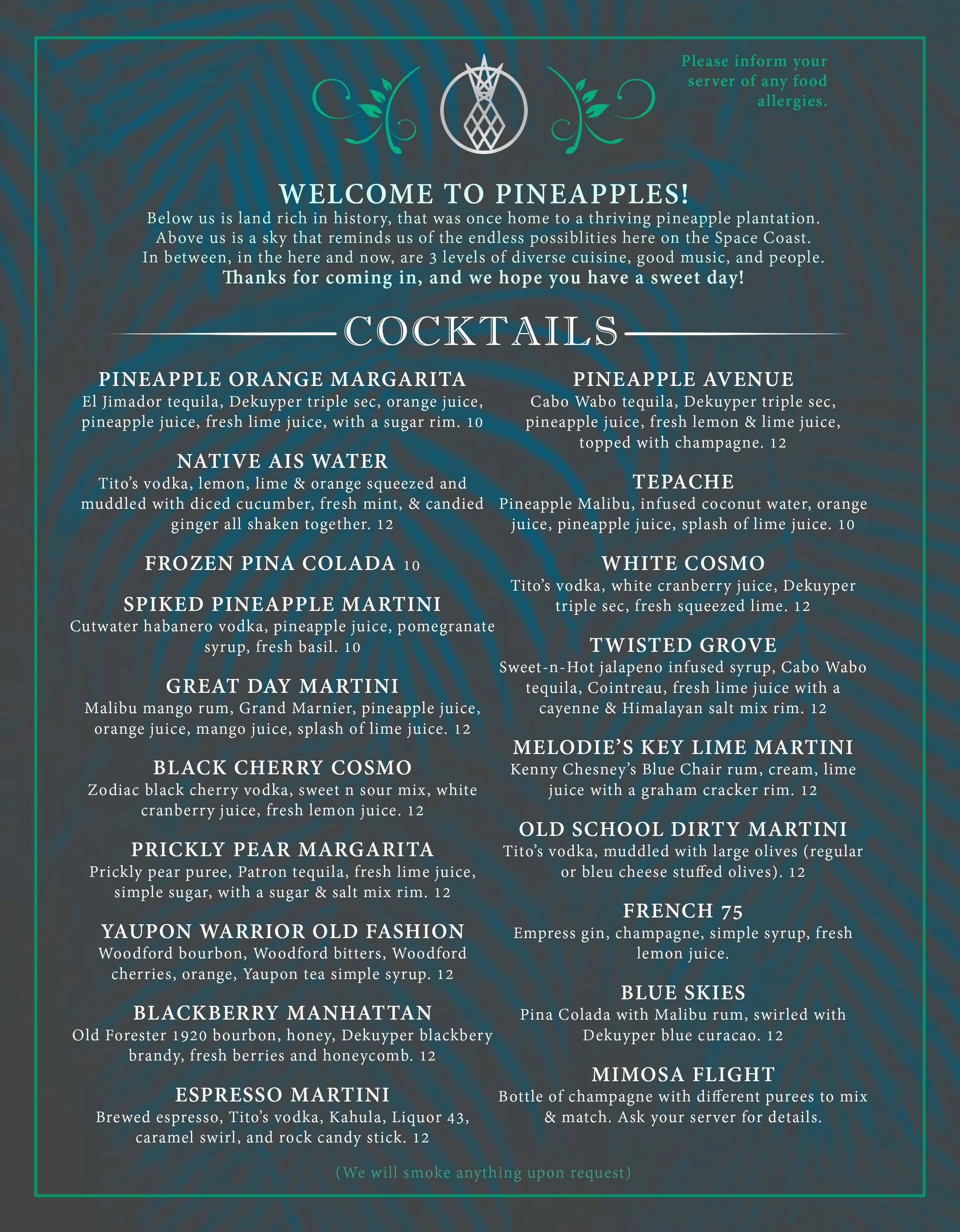 Pineapples Menu — PINEAPPLES