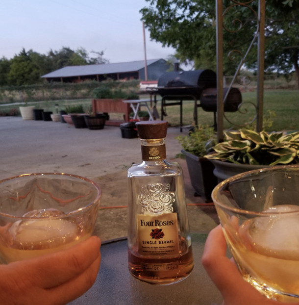 “Drinking with my wife in the backyard.”