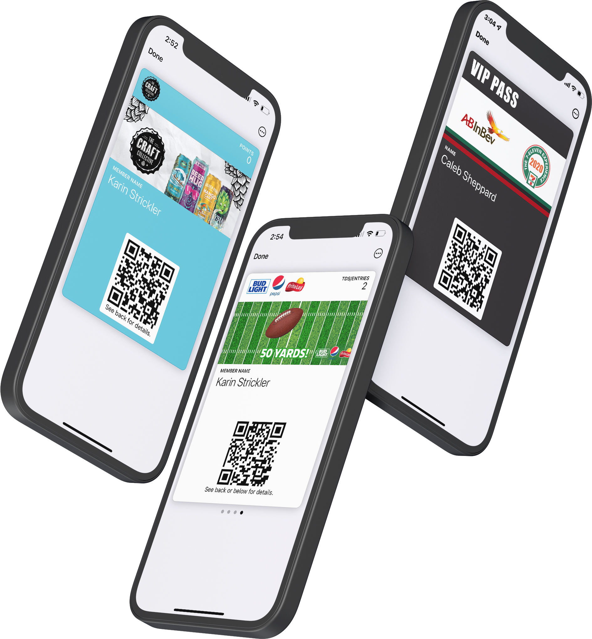 Three smartphones displaying digital membership cards with QR codes for different events and VIP access.