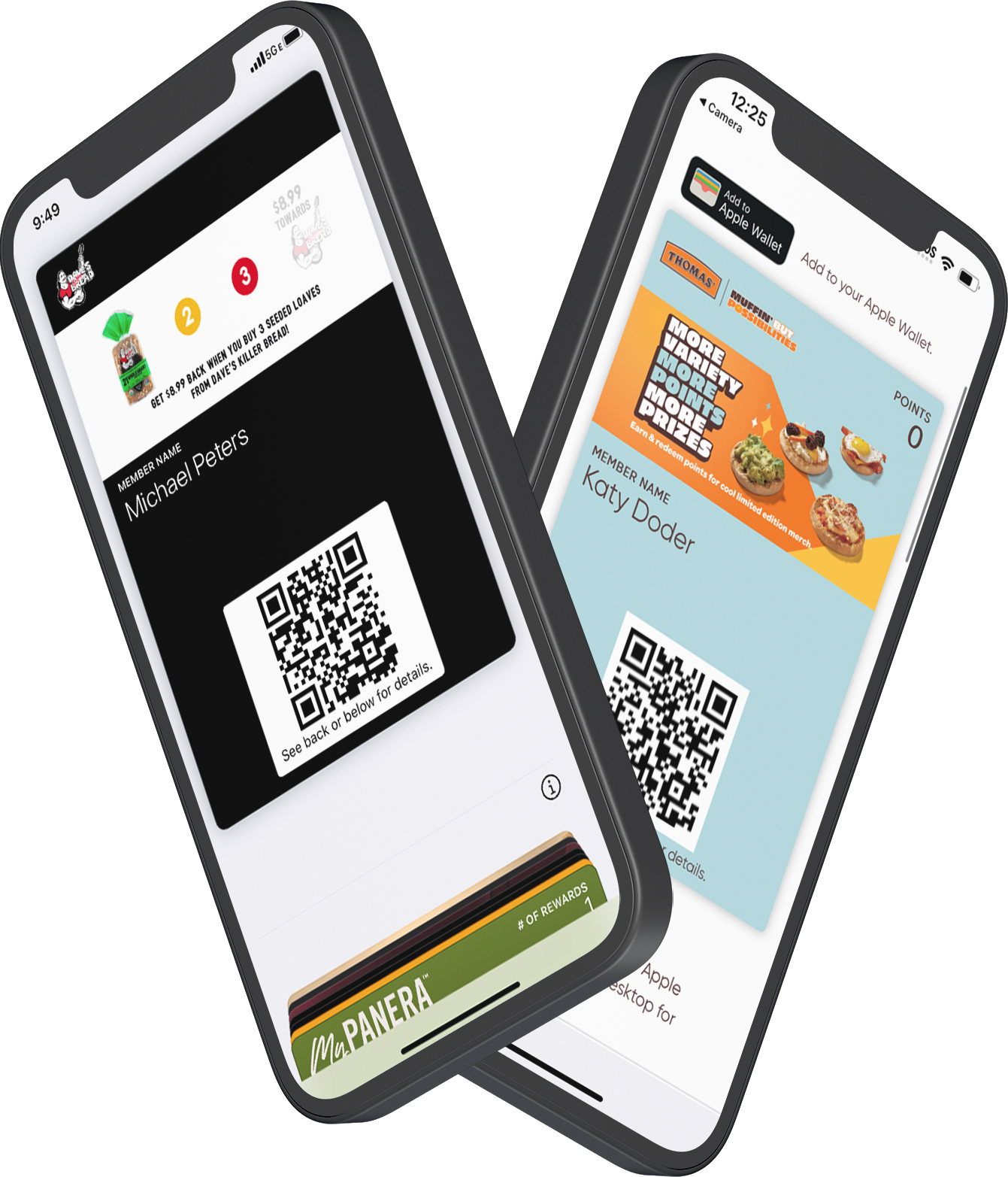 Two smartphones displaying digital loyalty cards for a food chain, with one showing a QR code for a member named Michael Peters and the other showing points for a member named Katy Doder, along with promotional images of food items.