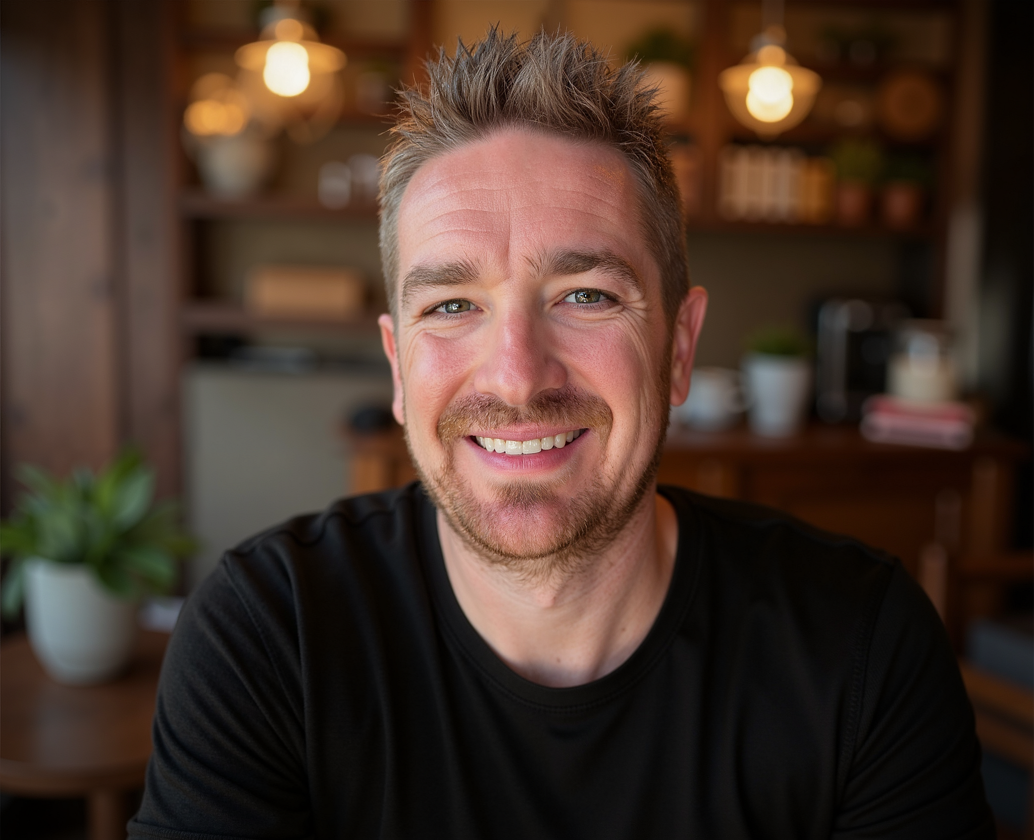A smiling man with short, spiky hair and a beard, wearing a black shirt, sitting in a cozy room with a wooden bookshelf and houseplants in the background.