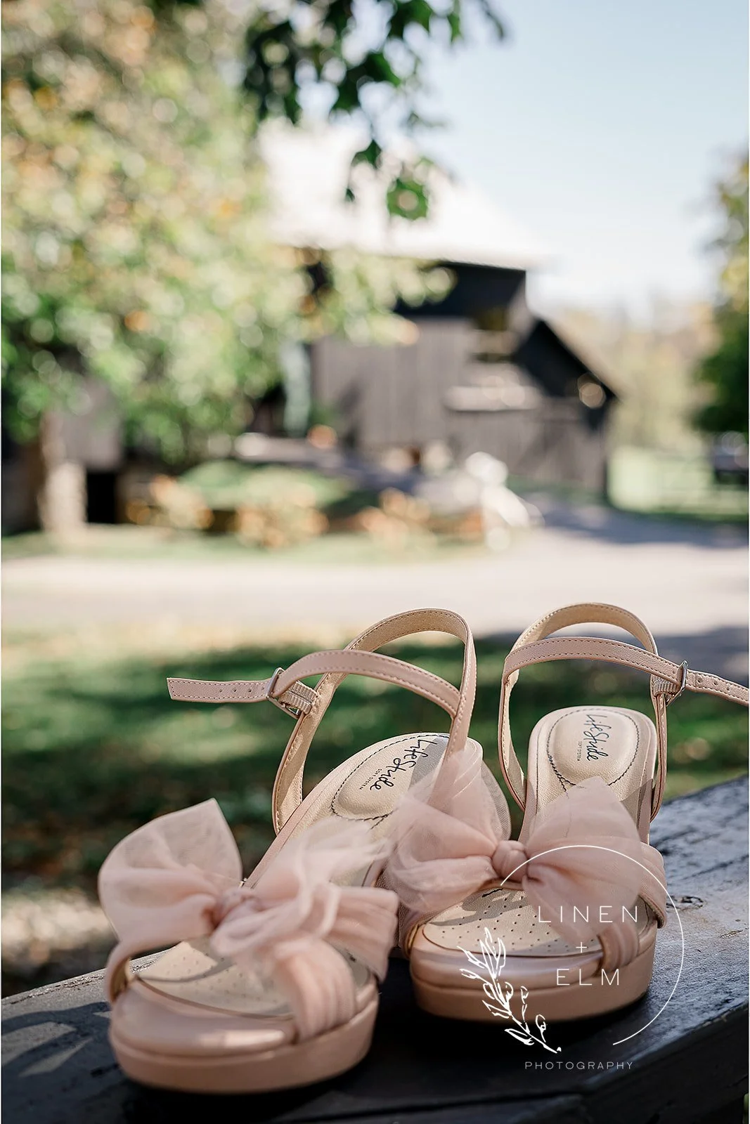 Pair of light pink high-heeled sandals with bows on the front, placed on a wooden surface outdoors with a blurred background of trees and a barn.
