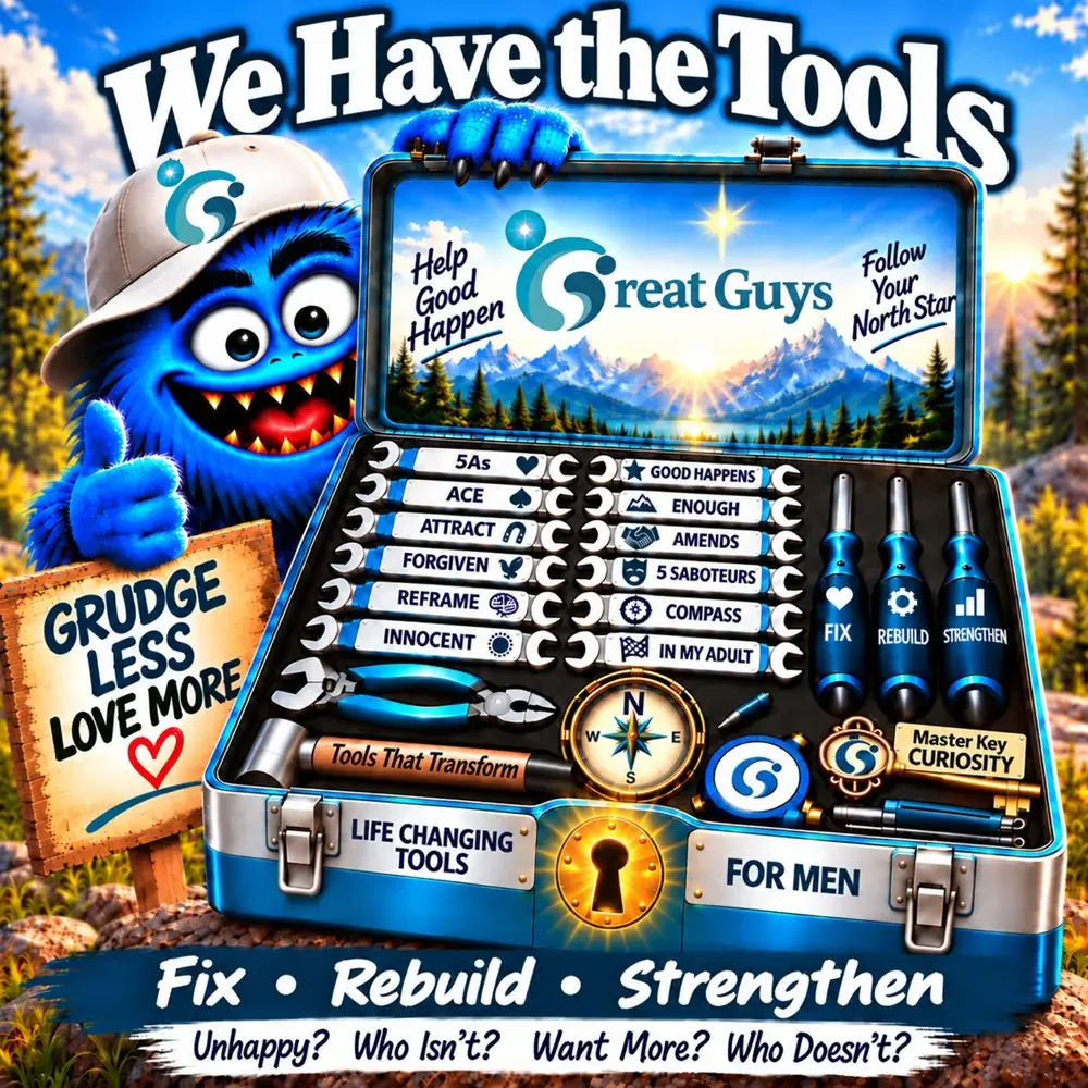 Colorful cartoon illustration of a toolbox labeled Life Changing Tools for Men, with the words We Have the Tools and Fix, Rebuild, Strengthen