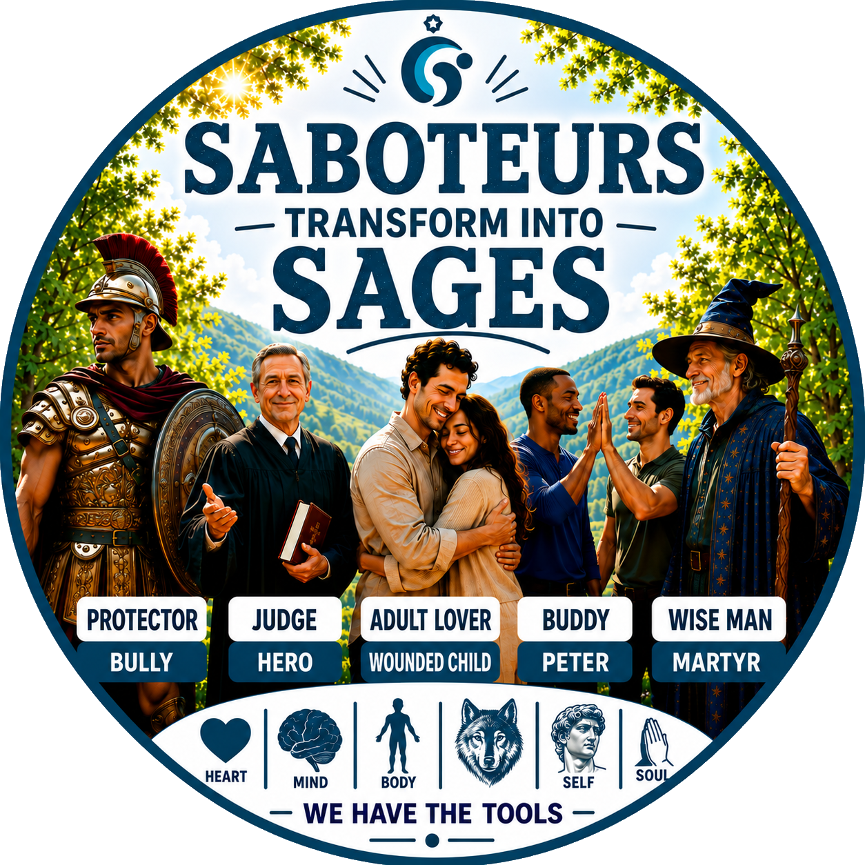 The 5 Saboteurs, Bully, Hero, Wounded Child, Peter and Martyr, transform into Sages: Protector, Judge, Adult Lover, Buddy and Wise Man