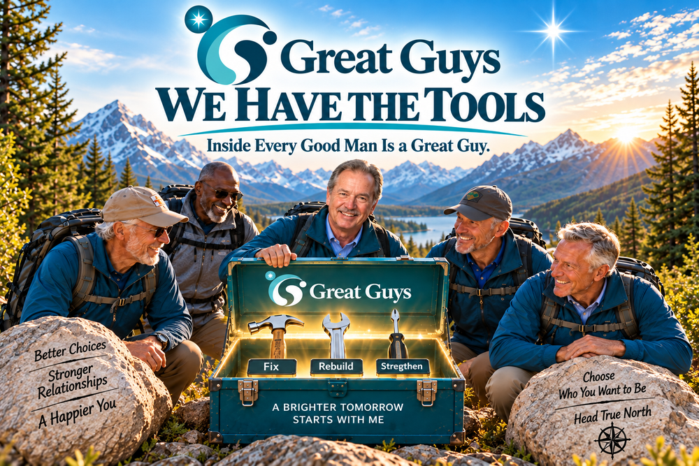 Great Guys: smiling men hiking a mountain trail together