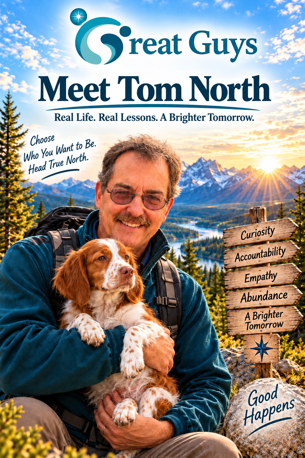Meet Tom North, men's life coach and founder of Great Guys, holding his dog in the mountains beside a signpost reading Curiosity, Accountability, Empathy, Abundance and A Brighter Tomorrow