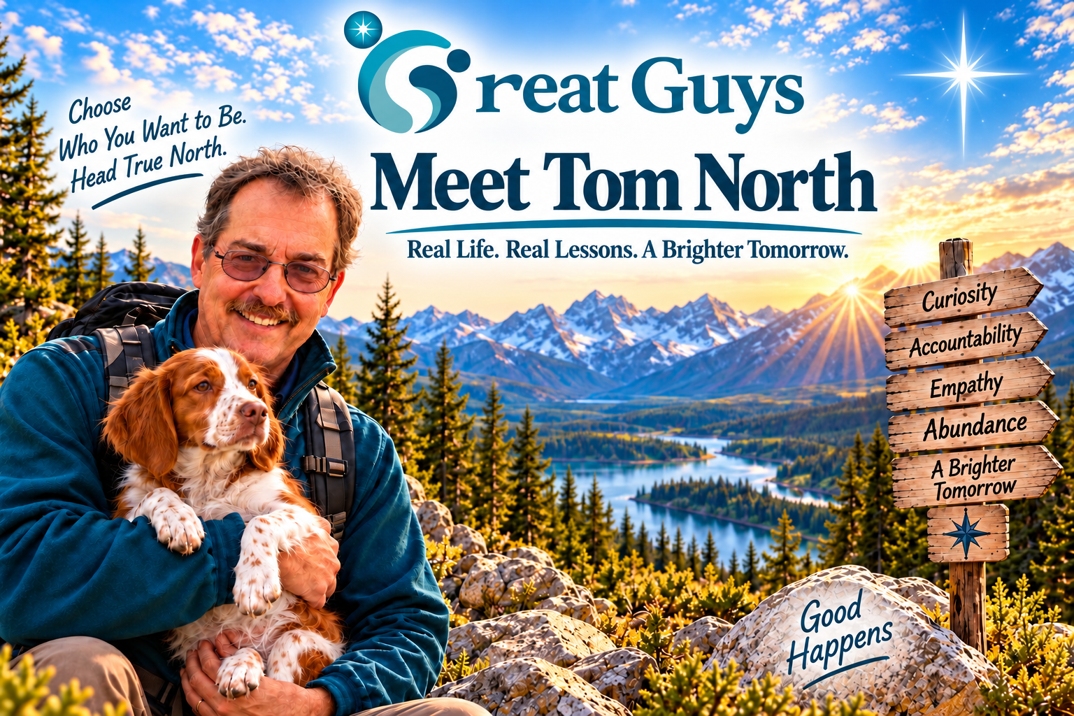 Meet Tom North, men's life coach and founder of Great Guys, holding his dog in the mountains beside a signpost reading Curiosity, Accountability, Empathy, Abundance and A Brighter Tomorrow