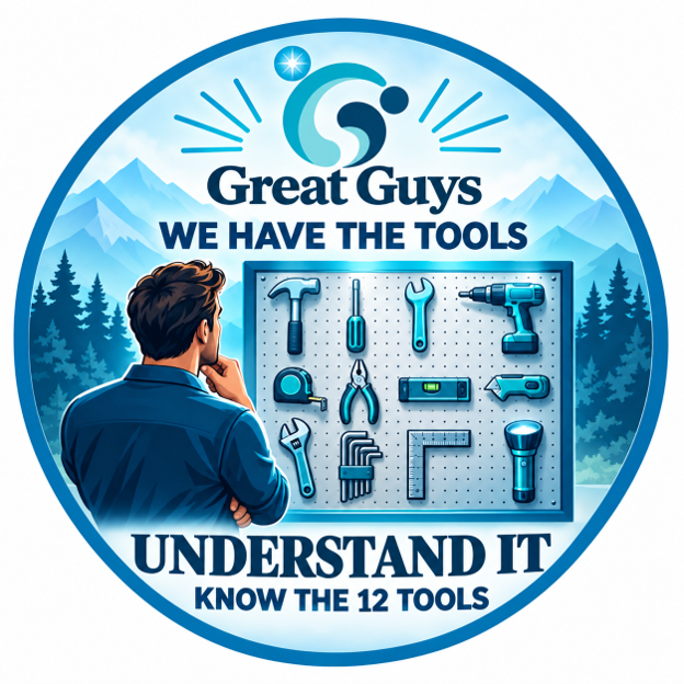 Man studying a pegboard of tools to understand the 12 Great Guys tools for better choices and stronger relationships