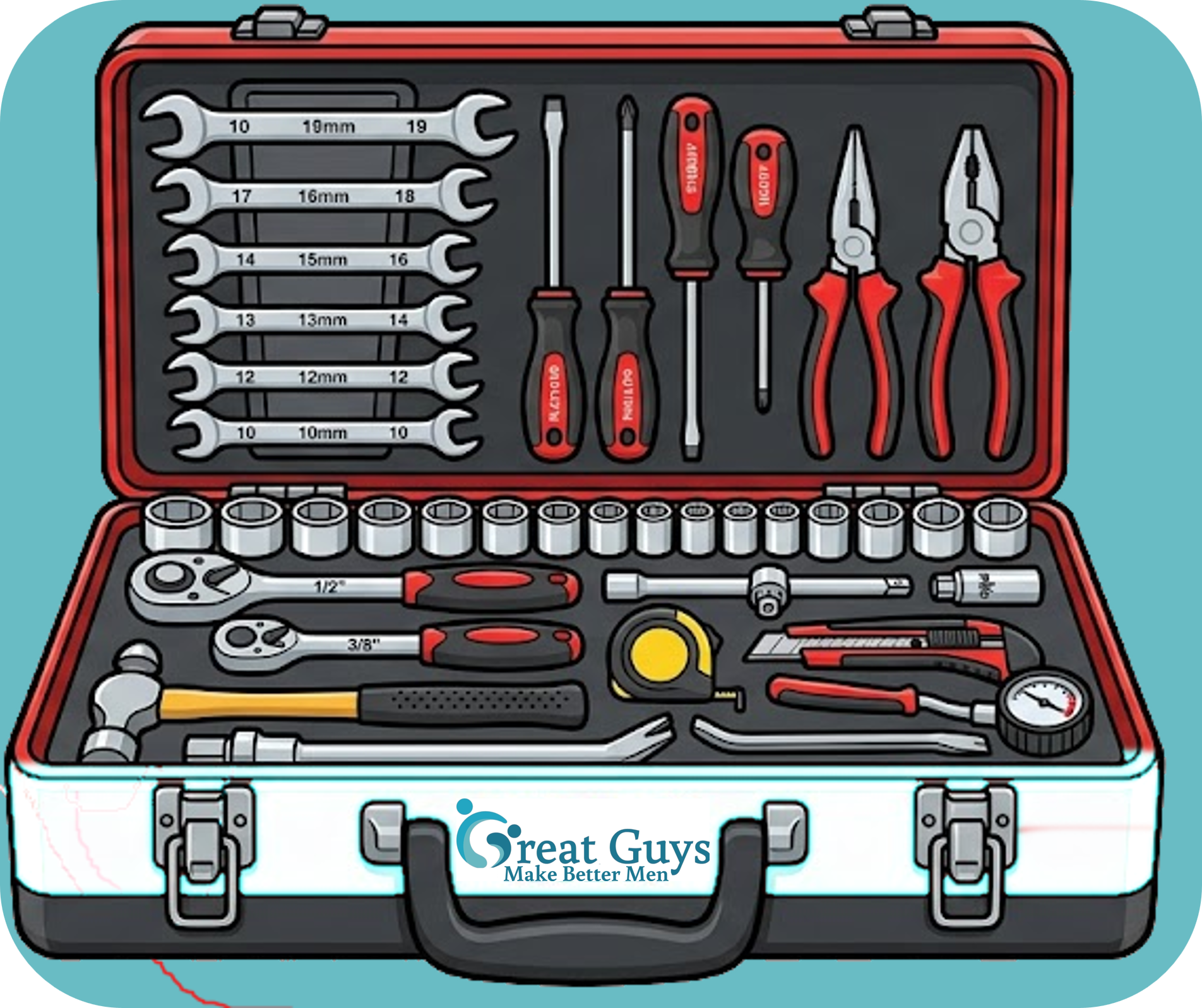 Open Great Guys toolkit full of tools, representing a practical men's wellness toolkit for emotional well-being
