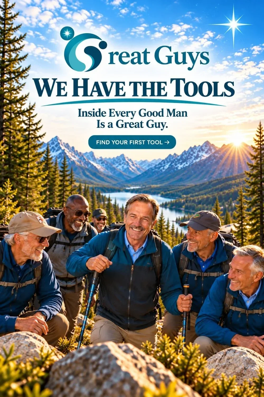 Great Guys: We Have the Tools. Inside every good man is a Great Guy. Smiling men hiking a mountain trail together