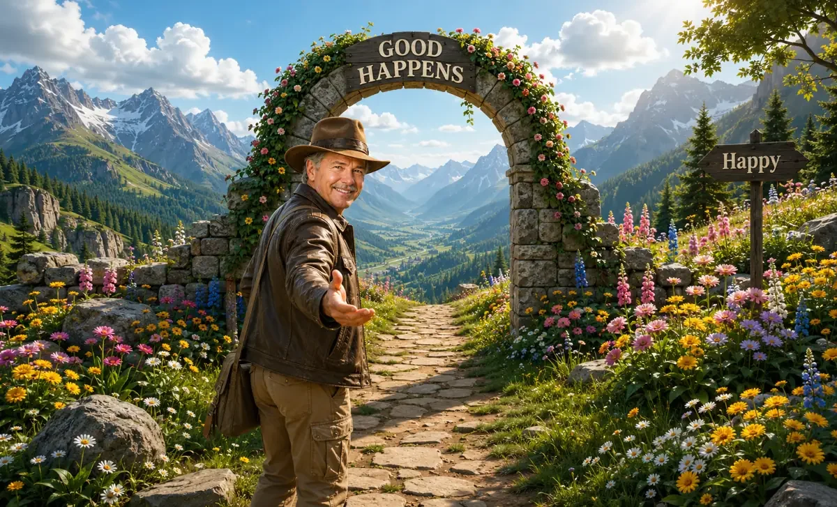 Man inviting you through a Good Happens garden archway on a mountain path