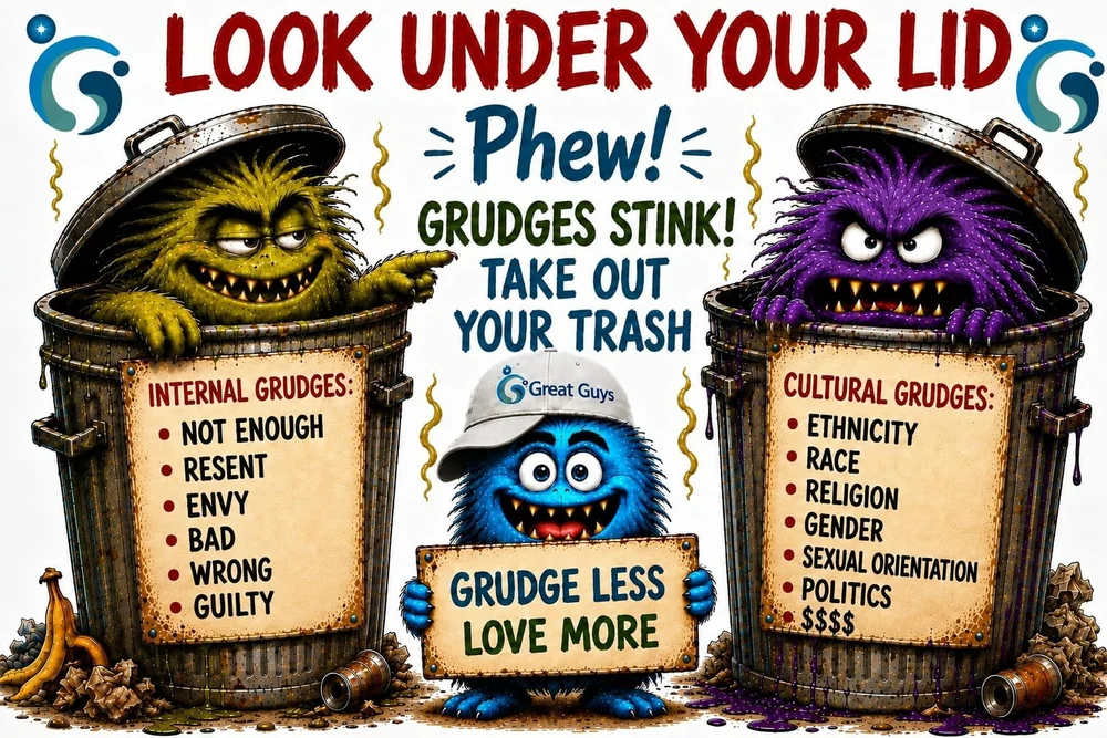 Cartoon of two monsters in trash cans and a small blue monster holding a sign that says Grudge Less Love More